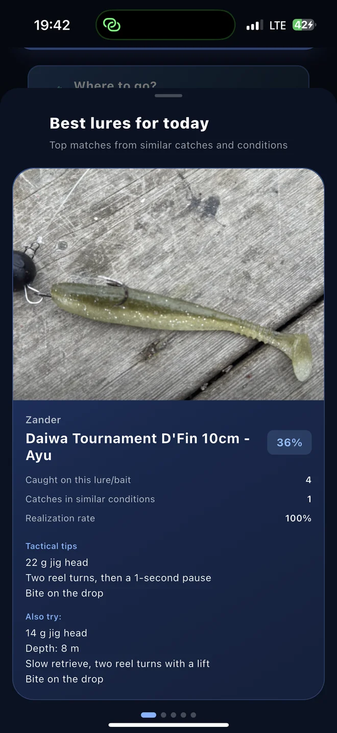 Best Lures screen showing top lures for current conditions