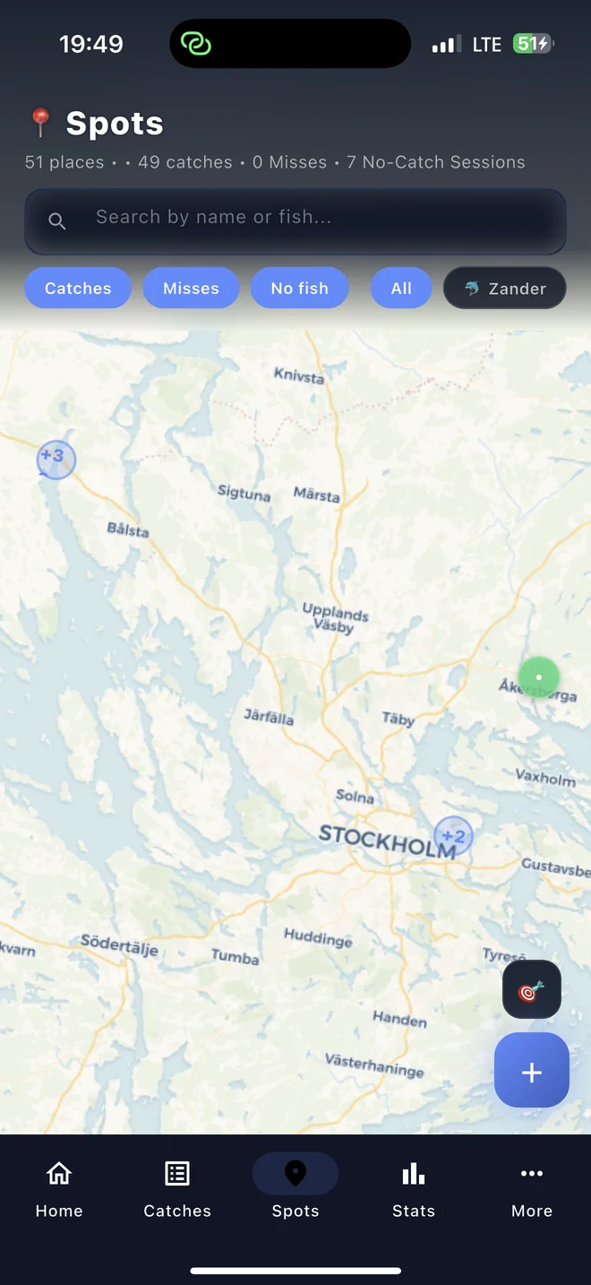 Spots and Map screen showing saved fishing locations