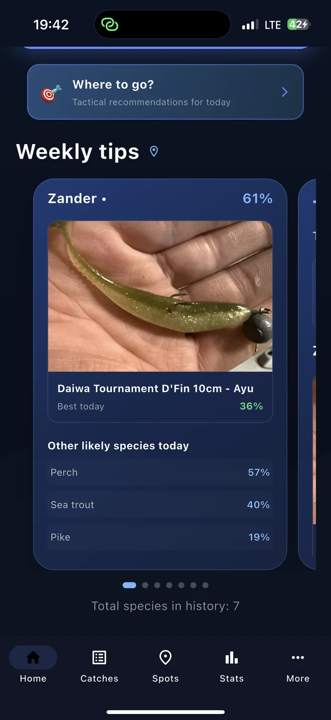 Weekly Tips screen showing catch predictions