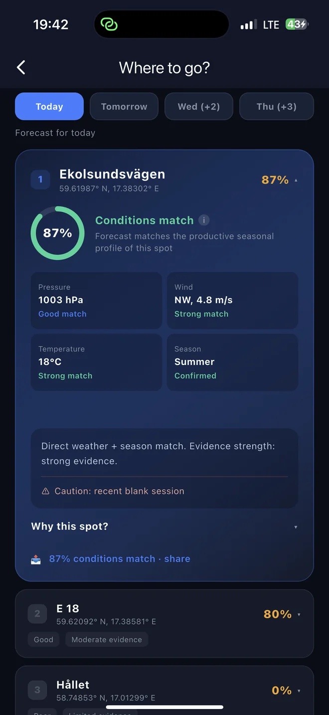 Where to Go screen showing spot recommendations